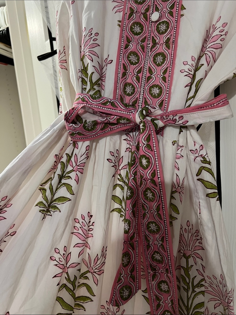 White Maxi Dress with Pink and Olive Green Floral Print